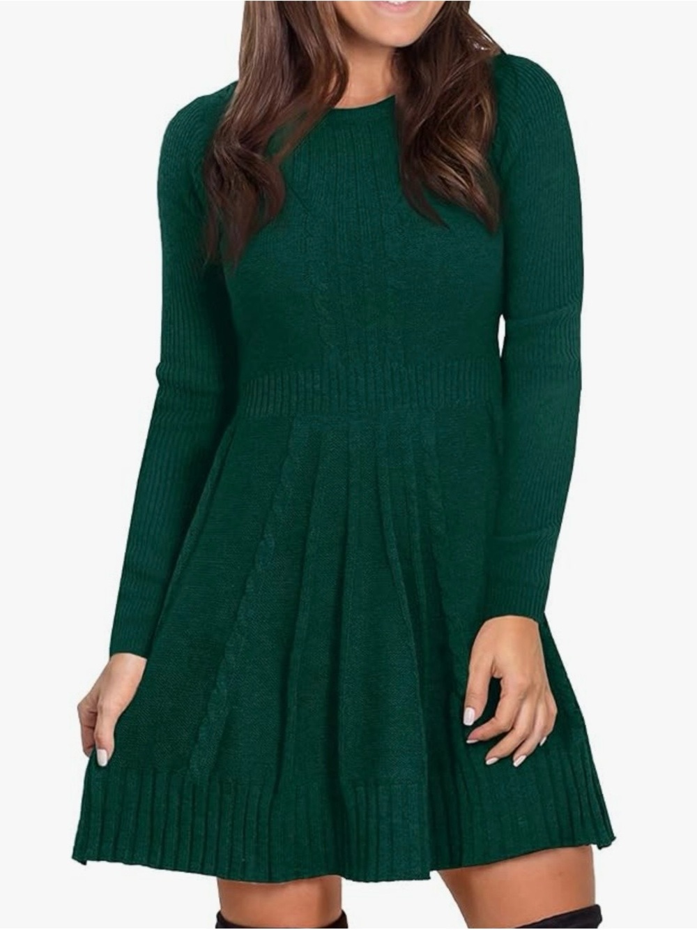 Long-Sleeve Emerald Green Knit Fit & Flare Dress